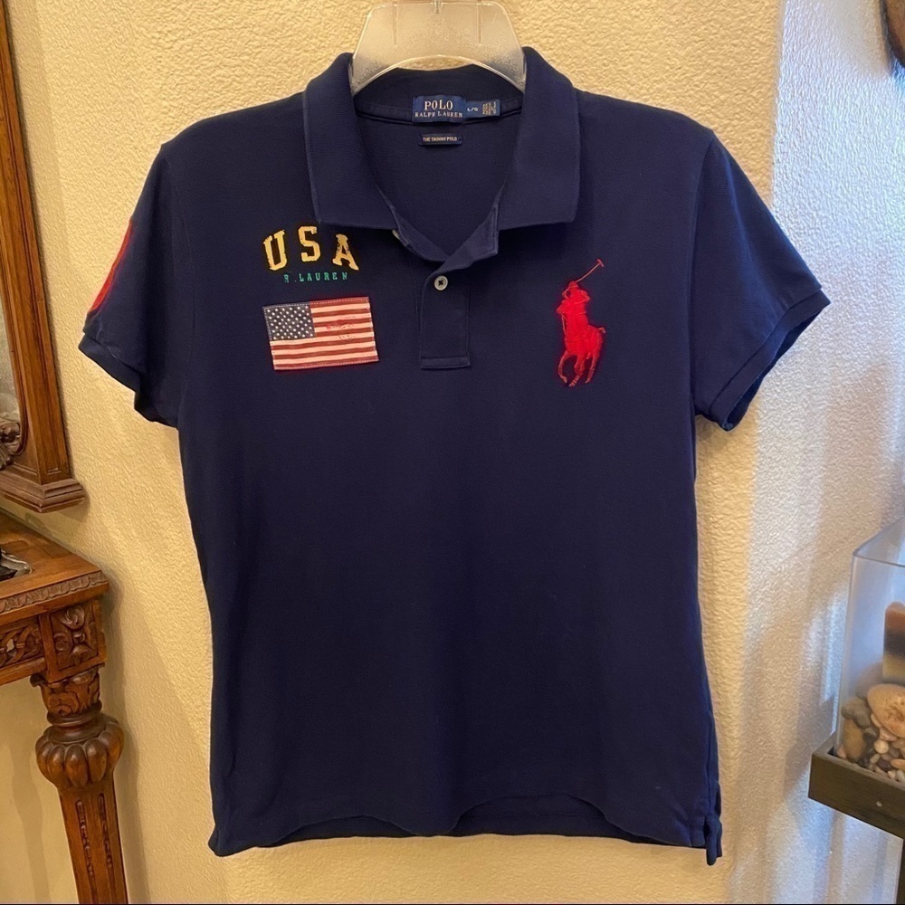 POLO by Ralph Lauren Boys Teens Navy Flag Rugby Skinny Polo Top Size Large